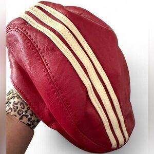 WILSONS LEATHER women’s vintage leather newsboy hat. Deep red with cream stripes